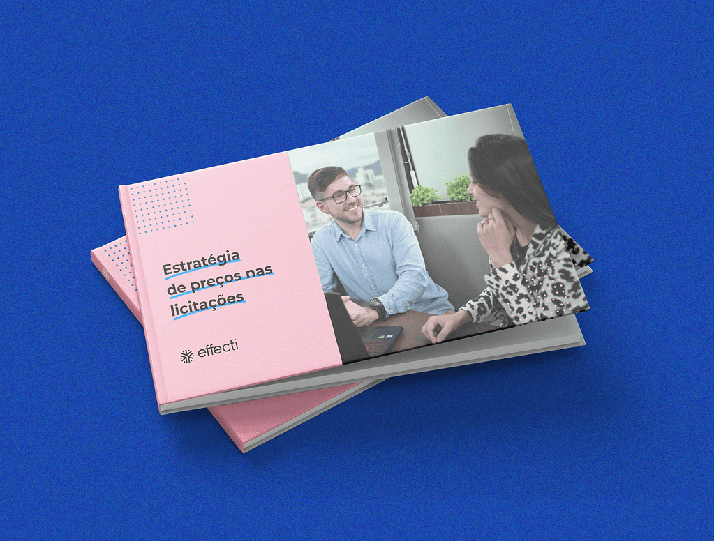 Imagem de um mockup de livro. Na capa do livro há o nome do eBook "Estratégias de preços nas licitações". 
